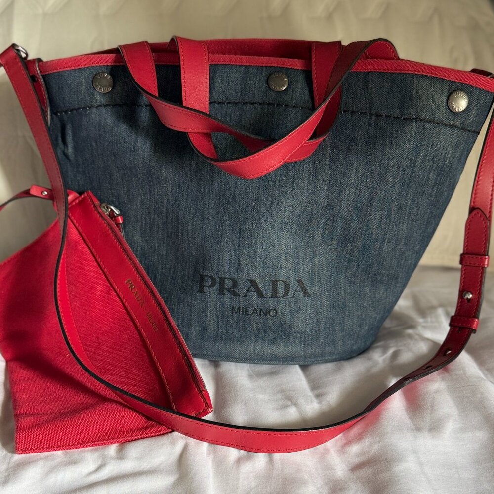 Prada Denim Bucket Crossbody Tote Bag